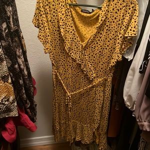 Mustard colored dress with black print